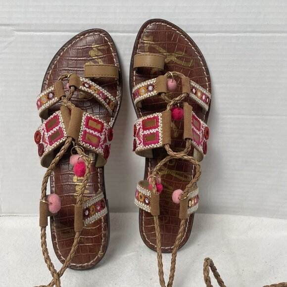 Sam Edelman Gretchen Boho Gladiator Tassel and Pompom Ankle Wrap Sandals - Picture 2 of 13